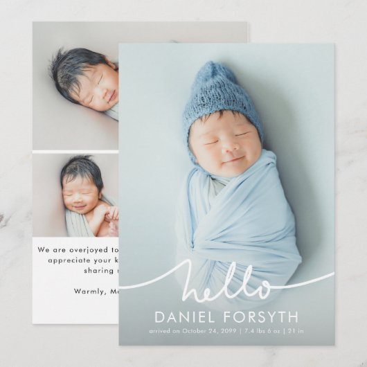 Moderne Hello Script Pasgeboren Baby Foto Geboorte Aankondiging (Voorkant / Achterkant)