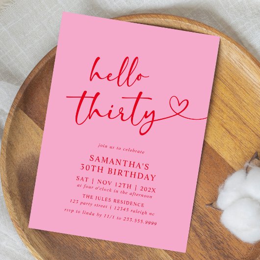 Moderne Hello Thirty Roze en Rode 30e Verjaardag Kaart