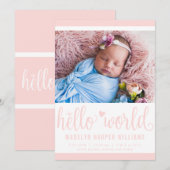 Moderne Hello World Foto Blush Roze Geboorte Stat Aankondiging (Voorkant / Achterkant)