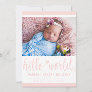 Moderne Hello World Foto Blush Roze Geboorte Stat Aankondiging