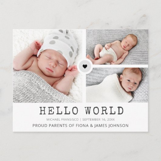Moderne Hello World Foto's Raster Collage Geboorte Aankondigingskaart (Voorkant)