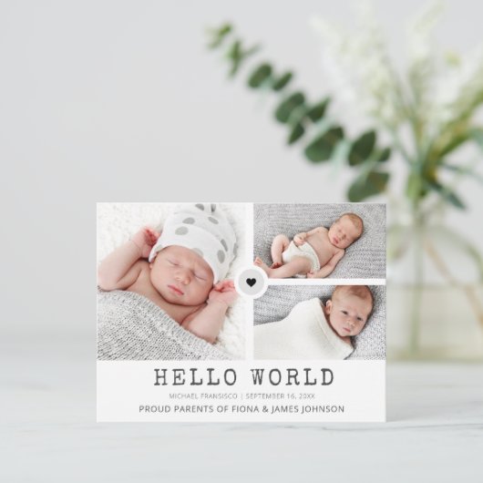 Moderne Hello World Foto's Raster Collage Geboorte Aankondigingskaart (Staand voorkant)