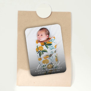 Moderne Hello World Geboorte Foto Elegant Schrift Magneet