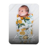 Moderne Hello World Pasgeboren Foto Elegante Scrip Magneet (Verticaal)