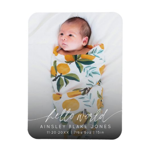 Moderne Hello World Pasgeboren Foto Elegante Scrip Magneet (Verticaal)