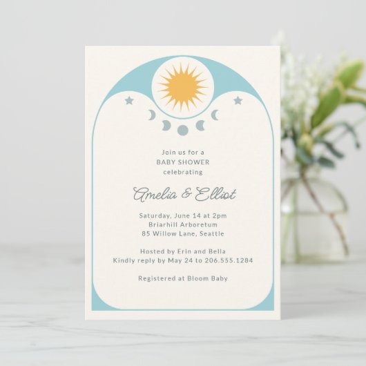 Moderne Hemel Ster Maan Zachte Blauwe Baby Shower Kaart (Staand voorkant)