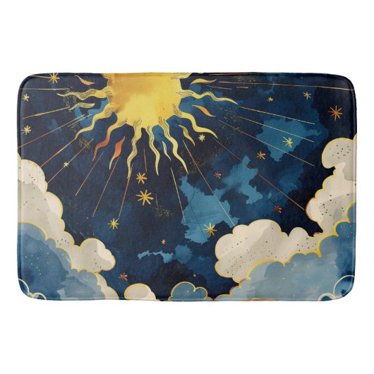 Moderne Hemelse Zon, Sterren en Blauwe Wolken Badmat (Voorkant)