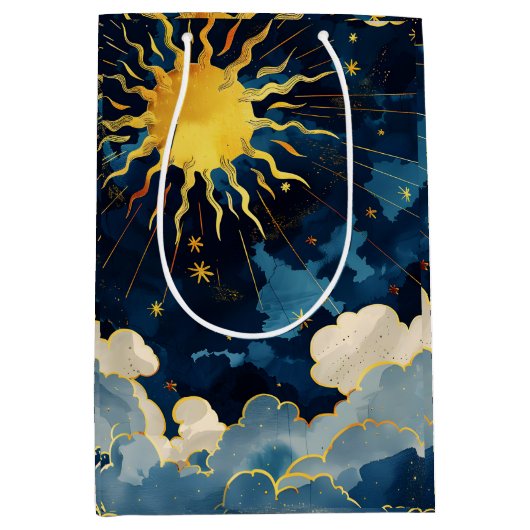 Moderne Hemelse Zon Sterren en Blauwe Wolken Medium Cadeauzakje (Voorkant)