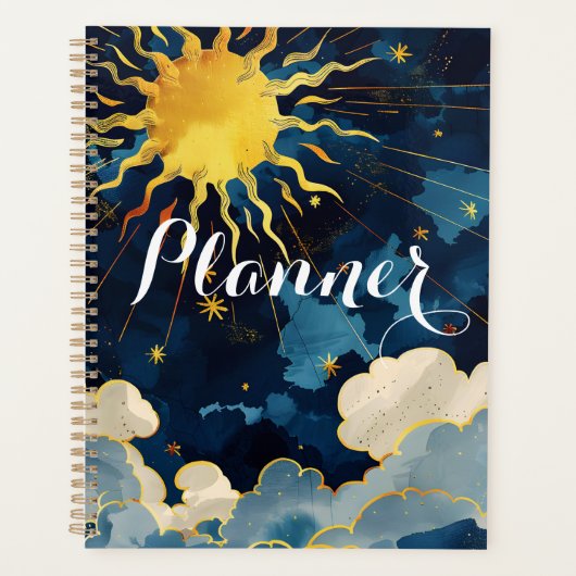 Moderne Hemelse Zon, Sterren en Blauwe Wolken Planner (Voorkant)