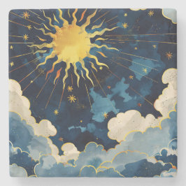 Moderne Hemelse Zon, Sterren en Blauwe Wolken Stenen Onderzetter