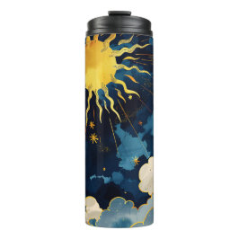 Moderne Hemelse Zon Sterren en Blauwe Wolken Thermosbeker
