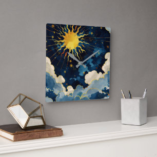 Moderne Hemelse Zon Sterren en Blauwe Wolken Vierkante Klok