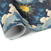 Moderne hemelse zonsterren en blauwe wolken cadeaupapier (Rol Hoek)