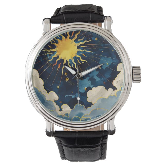 Moderne hemelse zonsterren en blauwe wolken horloge (Voorkant)