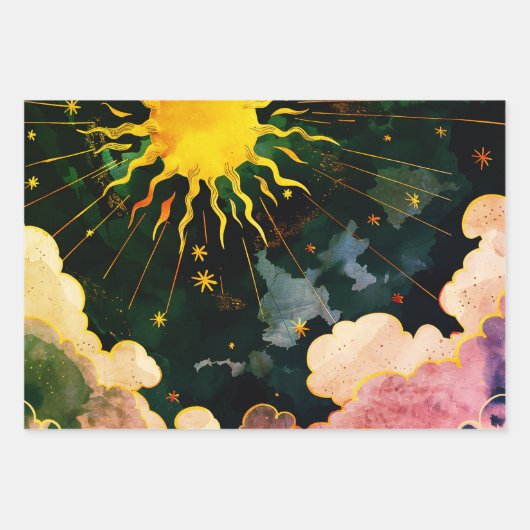 Moderne hemelse zonsterren en blauwe wolken inpakpapier vel (Voorkant 3)