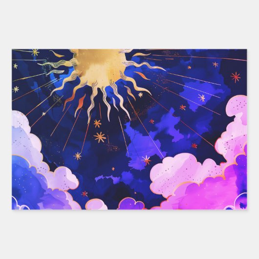 Moderne hemelse zonsterren en blauwe wolken inpakpapier vel (Voorkant 2)