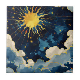 Moderne hemelse zonsterren en blauwe wolken tegeltje