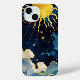 Moderne Hemelzon Sterren en Blauwe Wolken iPhone 15 Case