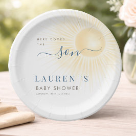 Moderne Here Comes The Son Boy Baby Shower Papieren Bordje