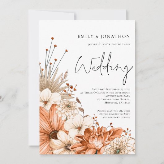 Moderne Herfst Bloemen Script QR Code Trouwen Kaart (Voorkant)