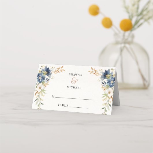 Moderne Herfst Bloemen Waterverf Blauw Ivoor Recep Plaatskaartje (Voorkant)