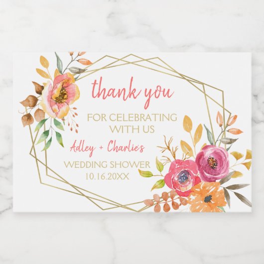 Moderne herfst bloemrijke waterverf koraal magenta sparkling wijnetiket (Enkel label)