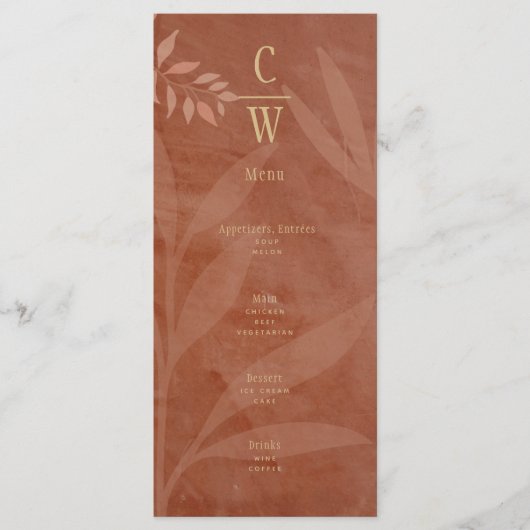 Moderne HERFST Bruiloft Terracotta Gouden Bladeren Menu (Voorkant)