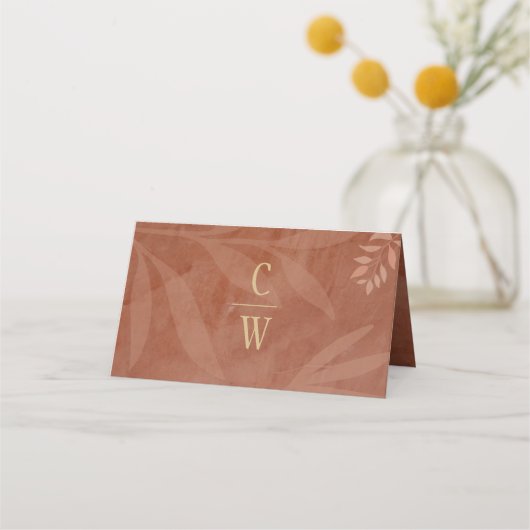 Moderne HERFST Bruiloft Terracotta Gouden Bladeren Plaatskaartje (Achterkant)