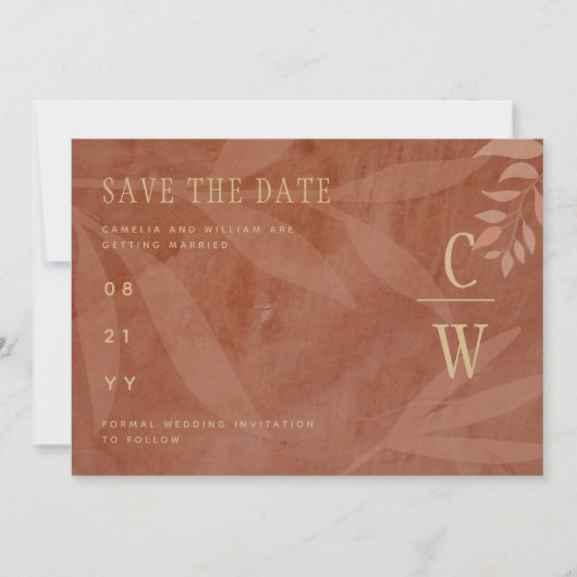Moderne HERFST Bruiloft Terracotta Gouden Bladeren Save The Date (Voorkant)