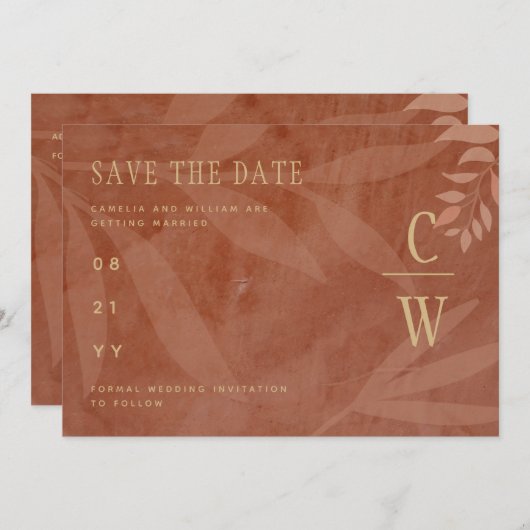 Moderne HERFST Bruiloft Terracotta Gouden Bladeren Save The Date (Voorkant / Achterkant)