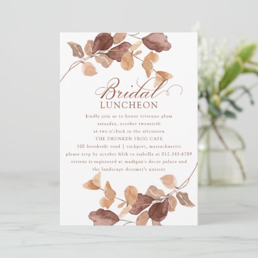 Moderne Herfst Eucalyptus Leaves Bridal Luncheon Kaart (Staand voorkant)