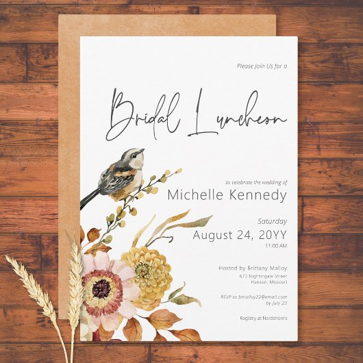 Moderne Herfst Floral & Bird Bruids Luncheon Kaart