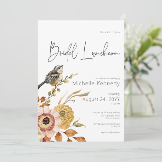 Moderne Herfst Floral & Bird Bruids Luncheon Kaart (Staand voorkant)