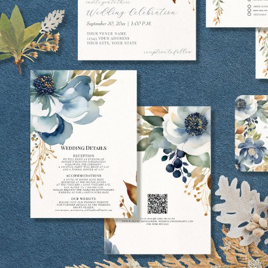 Moderne Herfst Floral Elegant Blauw en Ivoor Detai Kaart