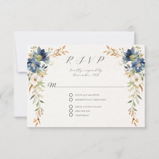 Moderne Herfst Floral Navy Blue Ivory Rust bruilof RSVP Kaartje (Voorkant)