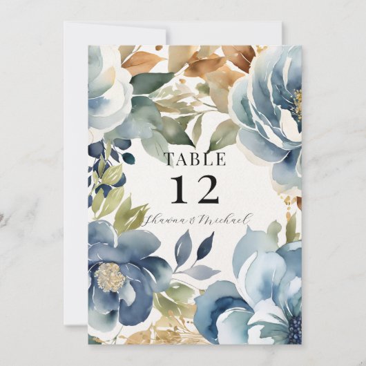 Moderne Herfst Floral Navy Dusty Blue Wedding Menu Kaart (Voorkant)