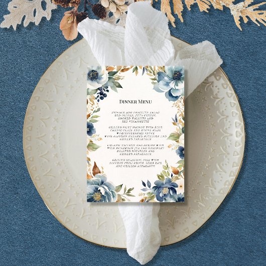 Moderne Herfst Floral Navy Dusty Blue Wedding Menu Kaart