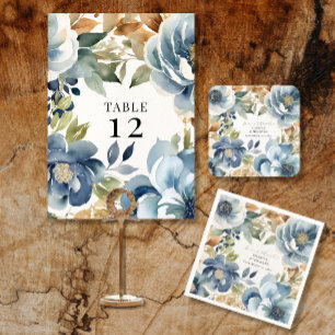 Moderne Herfst Floral Navy Dusty Blue Wedding Menu Kaart