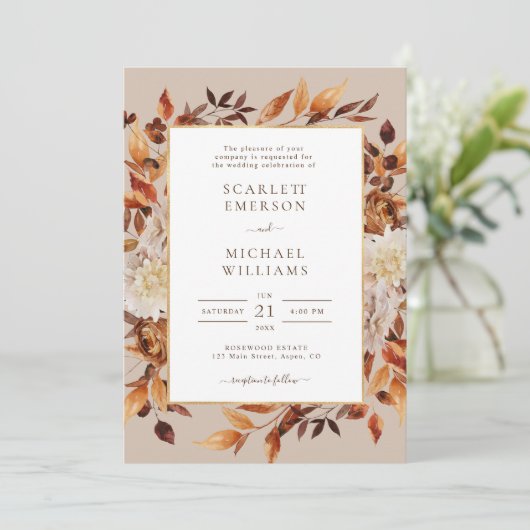 Moderne Herfst Floral Wedding Invitation Kaart (Staand voorkant)