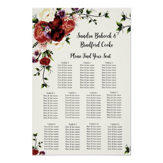 Moderne Herfst Floral Wedding Seating Chart Perfect Poster (Voorkant)