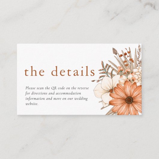 Moderne herfst Florals QR Code Weddenschap Details Informatiekaartje (Voorkant)