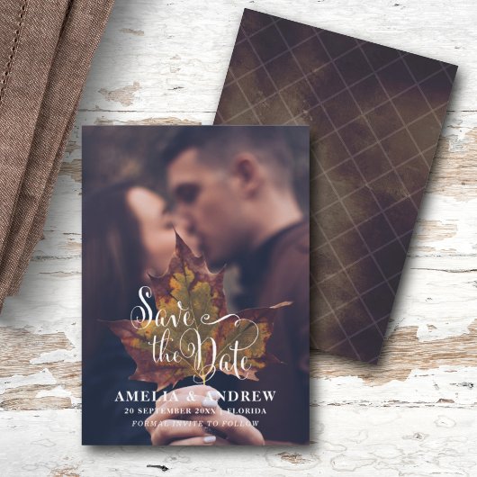 Moderne herfst foto bewaar de datum bruiloft save the date