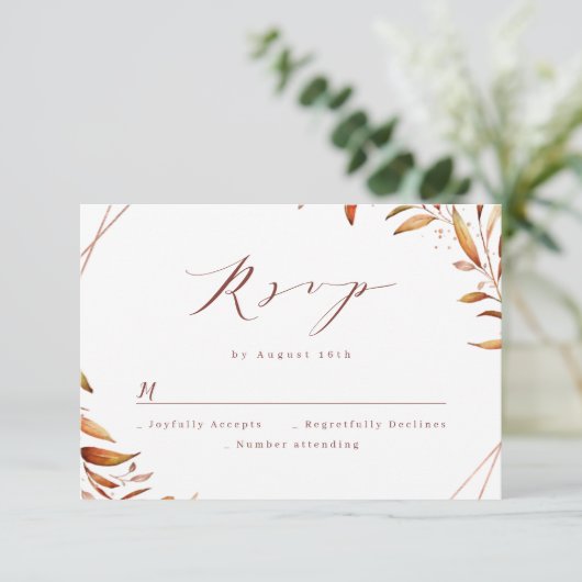 Moderne Herfst Greenery Geometric Rustic Wedding RSVP Kaartje (Staand voorkant)