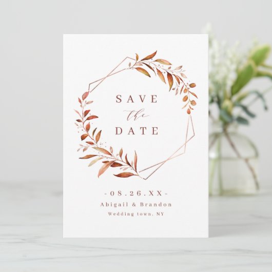 Moderne Herfst Greenery Geometric Rustic Wedding Save The Date (Staand voorkant)