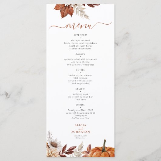 Moderne herfst herfst terracotta loof bruiloft menu (Voorkant)