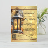 Moderne Herfst lantaarn gouden sparkles bruiloft Kaart (Staand voorkant)