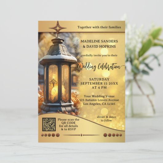Moderne Herfst lantaarn gouden sparkles bruiloft Kaart (Staand voorkant)