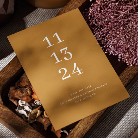 Moderne herfst mosterdgeel minimalistische trouwda save the date