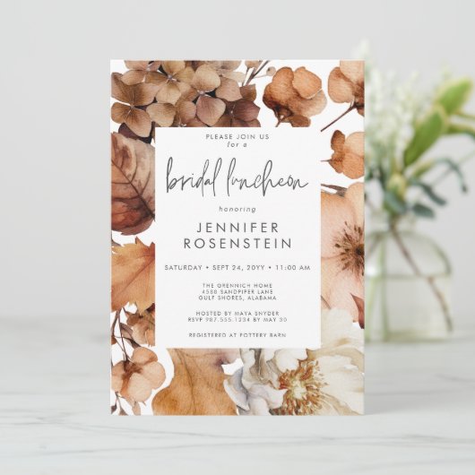 Moderne Herfst Neutraal Bloemen Lijst Bruidslunch Kaart (Staand voorkant)
