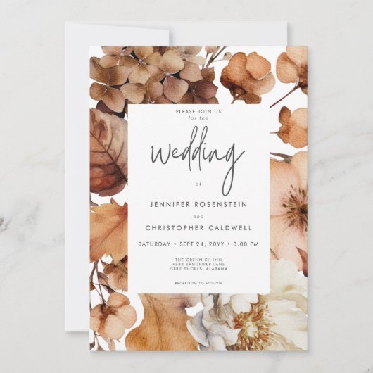 Moderne Herfst Neutral Floral Lijst Wedding Kaart (Voorkant)